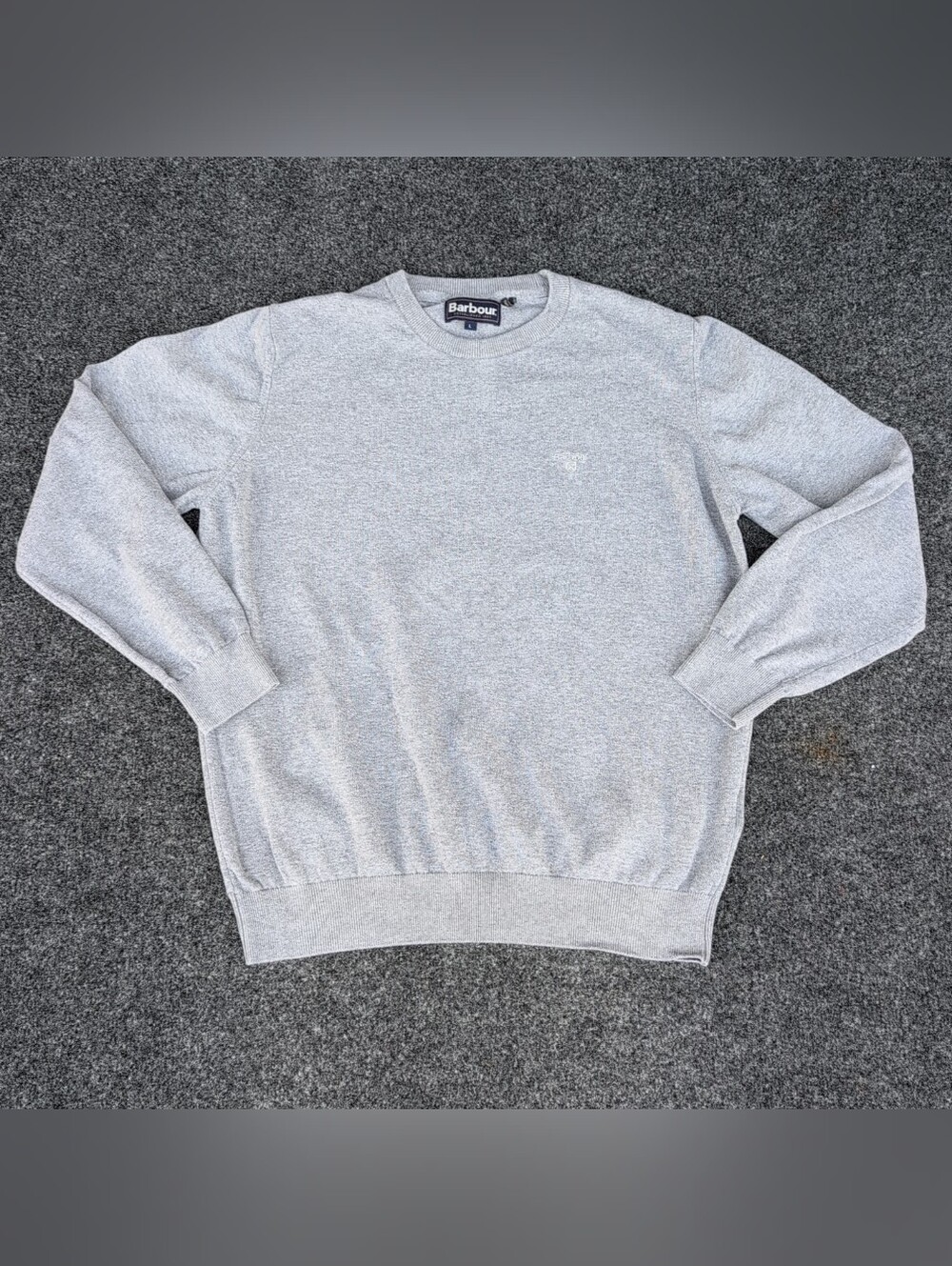Barbour Sweater Mens Large Gray Cotton Crew Long Sleeve Knit Jumper Fisherman